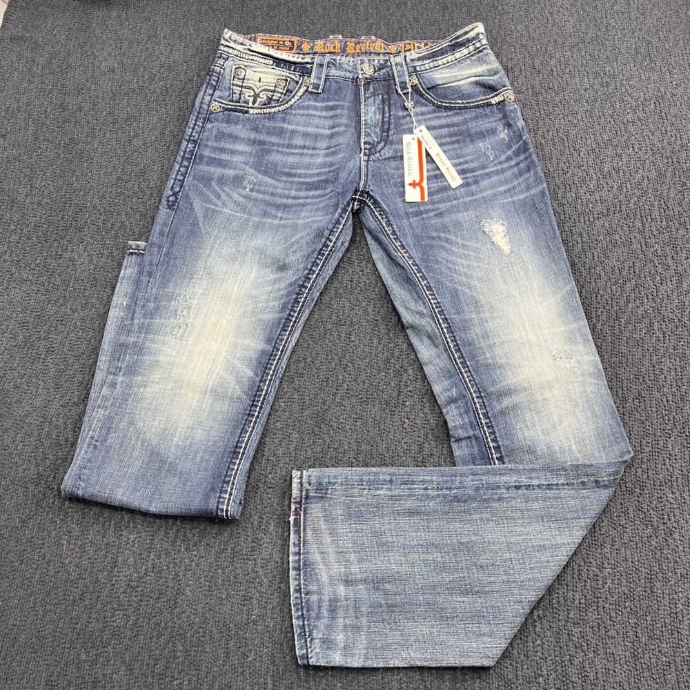 New Rock Revival Aiden Relaxed Straight Jeans Mens 34x38 Blue Distressed Buckle